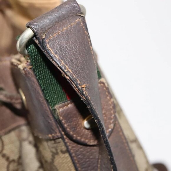 GUCCI GG Canvas Web Sherry Line Shoulder Bag PVC Leather Beige Green - Picture 9 of 15